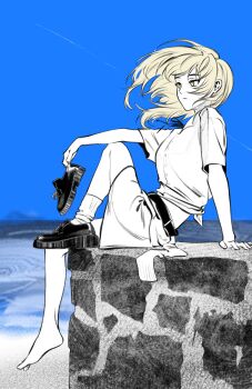 Rule 34 | 1girl, bang dream!, bang dream! it's mygo!!!!!, blonde hair, contrail, floating hair, hero45439083942, highres, long hair, ocean, original, partially colored, shirt, shoes, short sleeves, single shoe, sitting, skirt, socks, solo, togawa hazuki, yellow eyes