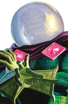 1boy absurdres alex_ross armor cape comic_cover cover cover_page fishbowl_helmet gloves green_armor green_gloves highres male_focus marvel mysterio official_art purple_cape reaching reaching_towards_viewer realistic silhouette solo spider-man_(series) upper_body western_comics_(style) white_background