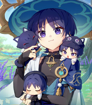 Rule 34 | 3boys, bridal gauntlets, carrying, carrying person, cat, chibi, chinese commentary, closed eyes, closed mouth, commentary, day, eyeliner, genshin impact, hair between eyes, happy, hat, highres, japanese clothes, jewelry, looking at viewer, looking down, makeup, mini person, multicolored eyes, multiple boys, official alternate costume, open mouth, outdoors, pendant, purple eyes, purple hair, red eyeliner, scaramouche (cat) (genshin impact), scaramouche (genshin impact), shade, shao (shaorouhong), sleeping, smug, solo focus, standing, upper body, vision (genshin impact), wanderer (fairy tale cat) (genshin impact), wanderer (genshin impact), wanderer (mega mgc coffee) (genshin impact)