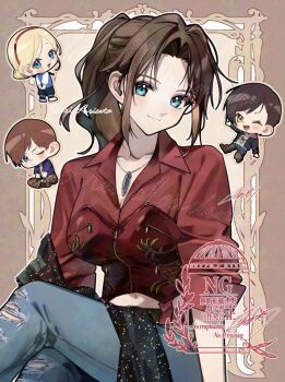 Rule 34 | 1boy, 3girls, blonde hair, blue eyes, blush, brown hair, chibi, claire redfield, collared shirt, commentary, denim, jeans, jewelry, looking at viewer, mar0maru, moira burton, multiple girls, necklace, one eye closed, pants, red hair, red shirt, resident evil, resident evil: revelations 2, resident evil: the darkside chronicles, resident evil - code: veronica, resident evil 2, resident evil 2 (remake), sherry birkin, shirt, smile, steve burnside, torn clothes, torn jeans, torn pants, yellow eyes