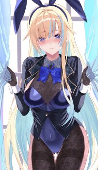 1girl absurdres aizawa_ema animal_ears black_gloves black_pantyhose blonde_hair blue_bow blue_bowtie blue_eyes blue_leotard blush bow bowtie breasts commentary_request covered_navel curtains fake_animal_ears gloves gluteal_fold highres kaeha leotard long_hair looking_at_viewer pantyhose rabbit_ears solo standing tailcoat_playboy_bunny thigh_gap virtual_youtuber vspo! white_wrist_cuffs window wrist_cuffs