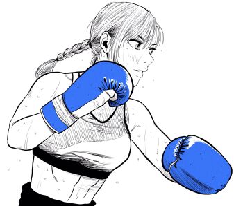 1girl abs blue_gloves boxing boxing_gloves braid breasts commentary_request flying_sweatdrops gloves highres lee_(dragon_garou) linea_alba lips medium_breasts midriff monochrome original parted_lips single_braid solo sports_bra spot_color sweat upper_body