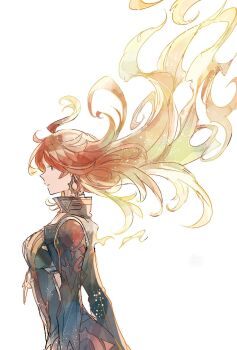 Rule 34 | 1girl, ahoge, biker clothes, bikesuit, black bodysuit, blonde hair, bodysuit, breasts, closed mouth, earrings, floating hair, genshin impact, gradient hair, highres, jewelry, long hair, long sleeves, looking to the side, mavuika (genshin impact), medium breasts, multicolored hair, ottottouta, red eyes, red hair, simple background, solo, sun earrings, sun ornament, upper body, wavy hair, white background, zipper