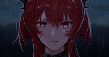 1girl absurdres arknights black_choker black_horns chainsaw_man choker close-up closed_mouth commentary dzyyeee english_commentary hair_between_eyes highres horns long_hair looking_at_viewer outdoors portrait purple_eyes rain red_hair reze&#039;s_eye_twitch_(chainsaw_man) scene_reference solo surtr_(arknights) wet wet_hair