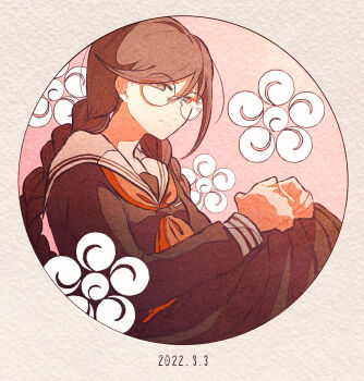 1girl black_serafuku black_shirt black_skirt braid brown_hair closed_mouth collared_shirt commentary_request danganronpa:_trigger_happy_havoc danganronpa_(series) dated eyelashes fukawa_toko glasses hair_between_eyes highres kiri_(2htkz) long_hair long_sleeves mole mole_under_mouth neckerchief red_neckerchief round_eyewear sailor_collar school_uniform serafuku shirt skirt skirt_set solo twin_braids twintails white_sailor_collar