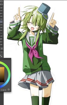 1girl :d ^_^ art_program_in_frame bucket_hat closed_eyes cowboy_shot derivative_work facing_viewer floating_clothes green_hair green_serafuku green_shirt green_thighhighs hat head_tilt highres index_finger_raised internet_yamero kimi_ga_shine kizuchi_kanna neckerchief open_mouth pink_neckerchief school_uniform serafuku shirt sidelocks skirt smile sodium_(sdd1234364) solo thighhighs white_skirt