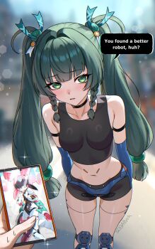 1girl absurdres android angels_of_delusion aria_(zenless_zone_zero) blurry blurry_background blush braid braided_sidelocks breasts choker colored_speech_bubble commentary day english_commentary green_eyes green_hair head_tilt highres holding holding_phone holster humanoid_robot multiple_hair_clips navel phone police police_uniform policewoman pov qingyi_(zenless_zone_zero) red_streaks robot sad self-upload shoulder_holster side_braids sidelocks signature small_breasts speech_bubble streaked_hair sweat twintails white_kojinak zenless_zone_zero