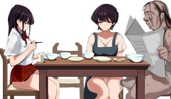 1boy 2girls absurdres apron black_eyes black_hair bow bowtie breasts bulge chair chopsticks collared_shirt cum cup erection erection_under_clothes fat fat_man highres holding holding_chopsticks holding_newspaper komi-san_wa_komyushou_desu komi_shouko komi_shuuko large_breasts long_hair mamimi_(mamamimi) microskirt miniskirt mother_and_daughter multiple_girls newspaper old old_man panties pantyshot penis plate pleated_skirt red_skirt school_uniform shirt short_hair short_sleeves skirt table ugly_bastard underwear upskirt v-neck white_panties white_shirt