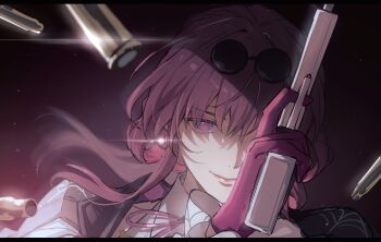 1girl absurdres black_border black_jacket border bullet closed_mouth collared_shirt colored_inner_hair commentary_request earrings eyewear_on_head floating_hair gloves gradient_background gun hair_between_eyes hand_up handgun highres holding holding_gun holding_weapon honkai:_star_rail honkai_(series) jacket jewelry kafka_(honkai:_star_rail) long_hair looking_at_viewer low_ponytail multicolored_hair neck_ribbon one_eye_covered open_clothes open_jacket pearl_earrings pink_hair pink_lips pink_pupils ponytail purple_background purple_eyes purple_gloves purple_hair purple_ribbon ribbon round_eyewear shirt sidelocks simple_background single_earring smile solo sparkle spider_web_print sunglasses upper_body weapon white_shirt zassyoku_dd