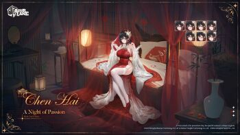 1girl azur_lane bare_shoulders black_hair breasts bridal_gauntlets character_name chen_hai_(a_night_of_passion)_(azur_lane) chen_hai_(azur_lane) china_dress chinese_clothes collarbone commentary copyright_name dress english_commentary expression_chart full_body garter_straps hair_ornament high_heels highres huge_breasts long_hair looking_at_viewer official_alternate_costume official_art red_dress red_shoes shoes side_slit sitting skindentation sleeveless sleeveless_dress solo thighhighs white_thighhighs
