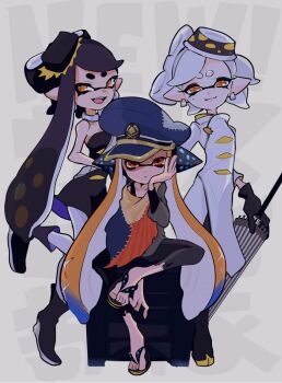 3girls :d agent_3_(splatoon) black_dress black_footwear black_gloves black_hair blue_hat boots bow-shaped_hair callie_(alterna)_(splatoon) callie_(splatoon) captain_3_(splatoon) closed_umbrella coat cousins cross-shaped_pupils dress earrings food food_on_head gloves hand_on_own_face hat headgear imaikuy0 inkling inkling_girl inkling_player_character jewelry long_hair marie_(alterna)_(splatoon) marie_(splatoon) mole mole_under_eye multiple_girls neck_ring nintendo object_on_head oil-paper_umbrella open_mouth orange_eyes orange_hair pantyhose patchwork_clothes peaked_cap pointy_ears poncho sandals short_dress short_hair smile splatoon_(series) splatoon_3 strapless strapless_dress symbol-shaped_pupils tentacle_hair umbrella very_long_hair white_coat white_hair white_pantyhose