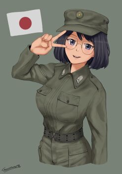Rule 34 | 1girl, absurdres, arm up, belt, collar tabs, commentary, glasses, green background, green belt, green hat, green jumpsuit, grzegorz1996, hat, highres, japan, japan ground self-defense force, japan self-defense force, japanese flag, jumpsuit, looking at viewer, military, military fatigues, military uniform, open mouth, original, purple eyes, purple hair, signature, solo, v