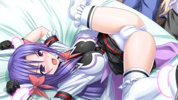 1girl 2boys bdsm bed_sheet black_gloves black_skirt blush bondage bound bound_wrists bow breasts cameltoe clothes_lift game_cg gloves hair_bow higuchi_isami impossible_clothes large_breasts large_variant_set long_hair lying magical_girl mahou_shoujo_sae medium_breasts multiple_boys murakami_shizuru non-web_source official_art on_back open_mouth panties purple_eyes purple_hair restrained skirt skirt_lift solo_focus spread_legs sweat thighhighs underwear variant_set white_panties