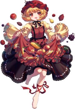 Rule 34 | 1girl, aki minoriko, apple, apron, barefoot, black dress, black ribbon, blonde hair, choker, corn, dress, feet, food, frilled apron, frilled dress, frilled sleeves, frills, fruit, game cg, grape hat ornament, grapes, hat, highres, kumio, leg ribbon, lifting own clothes, mob cap, non-web source, orange eyes, pear, red apron, red hat, red ribbon, ribbon, ribbon choker, shirt, sweet potato, tachi-e, toes, tomato, touhou, touhou blooming chaos, wheat, wheat print, yellow ribbon, yellow shirt
