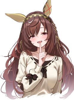 1girl animal_ears brown_hair buena_vista_(casual)_(umamusume) buena_vista_(umamusume) ear_covers herohero_(higashi_no_dou) highres horse_ears horse_girl index_finger_raised long_hair looking_at_viewer open_mouth purple_eyes shirt simple_background solo umamusume upper_body white_background white_shirt