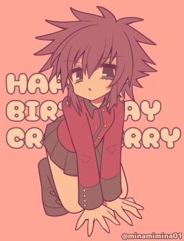 1girl absurdres all_fours birthday black_boots black_skirt boots character_name cranberry_(girls_und_panzer) english_text full_body girls_und_panzer happy_birthday highres jacket long_sleeves looking_at_viewer makeup mascara military_uniform minami_mina miniskirt open_mouth pink_background pleated_skirt red_hair red_jacket short_hair skirt solo spiked_hair st._gloriana's_military_uniform text_background twitter_username