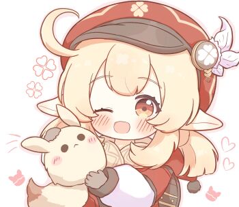 1girl absurdres ahoge blonde_hair blush commentary_request dodoco_(genshin_impact) genshin_impact hands_up hat highres holding klee_(genshin_impact) long_sleeves looking_at_viewer newsboy_cap one_eye_closed open_mouth pointy_ears red_eyes red_hat solo upper_body white_background yuu_neconouti