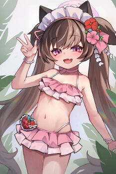 1girl animal_ears bikini blue_archive brown_hair commentary fang flower frilled_bikini frills hair_flower hair_ornament halo highres kanzashi long_hair looking_at_viewer maid_headdress miya_(miyaruta) navel official_alternate_costume shizuko_(blue_archive) shizuko_(swimsuit)_(blue_archive) solo swimsuit twintails