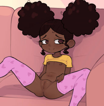 1girl afro_puffs age_difference amanda_(amanda_the_adventurer) amanda_the_adventurer black_hair blush brown_eyes couch dark-skinned_female dark_skin double_bun female_focus flat_chest hair_bun legs loli navel nipples nude pink_thighhighs pussy smile solo spread_legs stomach thighhighs thighs uncensored very_dark_skin video_game yep_melon