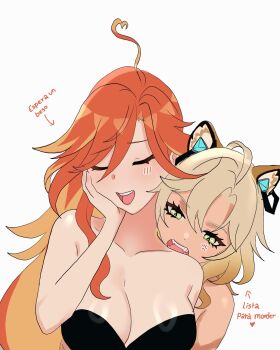 2girls ahoge animal_ears aoiabyss biting blonde_hair breasts cleavage closed_eyes dark-skinned_female dark_skin fang genshin_impact highres leopard_ears mavuika_(genshin_impact) multiple_girls orange_hair red_hair spanish_text white_background xilonen_(genshin_impact) yuri