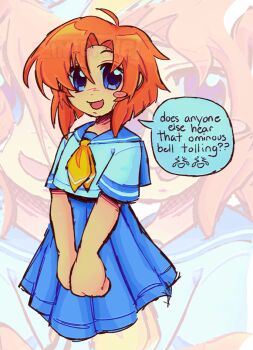 ? ?? artist_name blue_eyes blue_sailor_collar blue_skirt blush blush_stickers commentary dot_nose emoji english_commentary english_text happy higurashi_no_naku_koro_ni keikyoku_no_machi_wa_doko_e_(project_sekai) looking_at_viewer neckerchief open_mouth orange_hair own_hands_together parted_bangs project_sekai ryuuguu_rena sailor_collar school_uniform serafuku short_hair short_sleeves single_blush_sticker skirt solo speech_bubble talking white_serafuku yellow_neckerchief zimternet