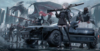 Rule 34 | 2girls, 6+boys, ammunition pouch, artist name, assault rifle, balaclava, baton (weapon), black boots, black car, black cardigan, black jacket, black pants, black shirt, black shoes, black skirt, black thighhighs, black vest, boots, braid, bridal gauntlets, building, bulletproof vest, car, cardigan, chinese commentary, city, collared shirt, combat boots, commentary request, dark-skinned male, dark skin, day, dragon, floating hair, green eyes, grey eyes, grey hair, gun, highres, holding, holding gun, holding sword, holding weapon, hood, hood up, jacket, knee pads, long hair, long sleeves, looking ahead, machine gun, mask, mercedes-benz, motor vehicle, multiple boys, multiple girls, open clothes, open jacket, original, outdoors, over shoulder, pants, pleated skirt, pouch, puddle, red hair, rifle, scope, shirt, shoes, short hair, short sleeves, shotgun, side braid, single braid, skirt, skyscraper, sniper rifle, standing, suppressor, swav, sword, tactical clothes, thighhighs, two-handed sword, vehicle request, vest, weapon, weapon over shoulder, weapon request, western dragon, zweihander