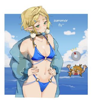 1boy 1girl arisu_art asphyxiation bikini black_choker blonde_hair blue_background blue_jacket blue_sky border breasts chibi chibi_inset choker commentary cropped_legs drowning earrings gameplay_mechanics green_eyes hands_on_own_hips horizon jacket jewelry link looking_at_viewer navel nintendo o-ring o-ring_bikini o-ring_bottom o-ring_top ocean outside_border pointy_ears princess_zelda short_hair sky small_breasts solo_focus standing swimsuit the_legend_of_zelda the_legend_of_zelda:_tears_of_the_kingdom untranslatable_commentary white_border