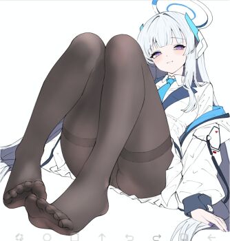 1girl art_program_in_frame black_pantyhose blue_archive blue_necktie blush closed_mouth collared_shirt commentary dorsiflexion dutch_angle feet foot_focus foreshortening full_body grey_hair halo highres ibispaint_(medium) jacket knees_up legs legs_together long_hair long_sleeves looking_at_viewer miniskirt necktie no_shoes noa_(blue_archive) open_clothes open_jacket panties panties_under_pantyhose pantyhose pleated_skirt purple_eyes school_uniform shirt sidelocks simple_background sitting skirt thighband_pantyhose thighs toe_seam toes underwear very_long_hair wa_sumi white_background white_jacket white_shirt white_skirt