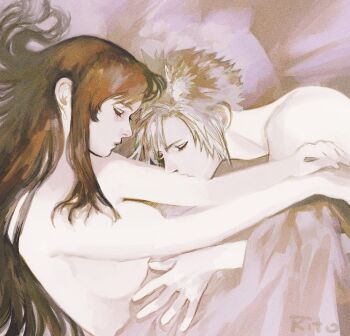 1boy 1girl artist_name bed_sheet black_hair blonde_hair breasts closed_eyes cloud_strife commentary couple cuddling final_fantasy final_fantasy_vii hetero kiss kissing_arm large_breasts long_hair lying nude on_side pillow profile short_hair sidelocks sleeping spiked_hair tifa_lockhart topless_female topless_male tori_(labyrinth_fft) under_covers upper_body