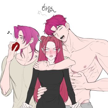 Rule 34 | 1girl, 2boys, abby (kpop demon hunters), apple, black dress, blush, closed mouth, commentary request, dress, food, fruit, highres, holding, holding food, hug, hug from behind, korean commentary, kpop demon hunters, long hair, long sleeves, medium hair, mira (kpop demon hunters), multiple boys, muscular, muscular male, musical note, pink hair, romance (kpop demon hunters), se0nil5, short hair, sidelocks, simple background, sweatdrop, topless female, twintails, white background, yawning