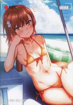 Rule 34 | 1girl, absurdres, beach, bikini, blush, breasts, brown eyes, brown hair, closed mouth, collarbone, comiket 105, cooler, day, elbow rest, front-tie bikini top, front-tie top, frown, gluteal fold, groin, hair ornament, head rest, highres, incredibly absurdres, isshi pyuma, looking at viewer, medium hair, misaka mikoto, navel, notice lines, ocean, orange bikini, outdoors, side-tie bikini bottom, sitting, sky, small breasts, solo, stomach, swim ring, swimsuit, thigh gap, toaru kagaku no railgun, toaru majutsu no index, twitter username