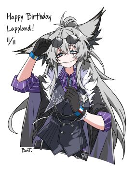 1girl animal_ear_fluff animal_ears arknights bastetris black_coat black_jacket breasts coat gloves gradient_necktie grey_eyes grey_hair grey_tail hair_between_eyes hair_ornament hairclip highres holding jacket lappland_(arknights) long_hair long_sleeves looking_at_viewer material_growth necktie oripathy_lesion_(arknights) scar scar_across_eye scar_on_face smile solo tail wolf_ears wolf_girl wolf_tail