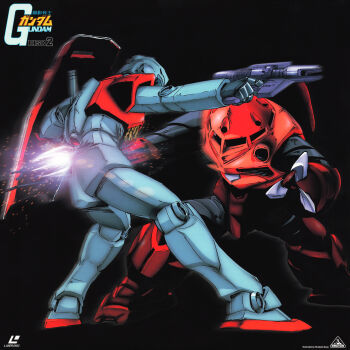 1980s_(style) 1990s_(style) absurdres battle beam_gun blue_visor box_art claws damaged destruction duel earth_federation gm_(mobile_suit) gundam highres laserdisc_cover logo machinery mecha mecha_focus mobile_suit mobile_suit_gundam no_humans oldschool one-eyed painting_(medium) retro_artstyle robot sano_hirotoshi scan scene_reference science_fiction shield stab title traditional_media z&#039;gok z&#039;gok_char_custom zeon