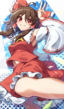 Rule 34 | 1girl, :3, absurdres, ahoge, armpits, ascot, bare shoulders, bow, brown hair, commentary request, detached sleeves, frilled bow, frilled hair tubes, frilled skirt, frills, hair bow, hair tubes, hakurei reimu, highres, leg up, looking at viewer, nontraditional miko, red bow, red eyes, red shirt, red skirt, ribbon-trimmed sleeves, ribbon trim, shirt, skirt, sleeveless, sleeveless shirt, smile, solo, touhou, v, wide sleeves, yellow ascot, yosshy