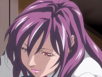 00s 1girl 2006 animated animated_gif bible_black bible_black_new_testament bow bowtie breasts brown_hair cleavage cleavage_cutout clothing_cutout earrings female_focus gloves ichikawa_aki jewelry kiss large_breasts leaning lipstick long_hair makeup pouty purple_hair red_eyes shin_bible_black sidelocks sleeping tagme yamanishi_naoto