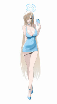 Rule 34 | 1girl, absurdres, alternate costume, ankle strap, asuna (blue archive), asymmetrical bangs, bare legs, black panties, blonde hair, blue archive, blue choker, blue dress, blue ribbon, blue shoes, breasts, cellphone, choker, cleavage, collarbone, commentary, covered navel, crossed legs, dongye1551, dress, fingernails, full body, hair over one eye, hair ribbon, halo, highres, holding, holding phone, large breasts, long hair, long legs, looking at viewer, mole, mole on breast, nail polish, one eye covered, panties, panty pull, phone, ribbon, shoes, sideboob, simple background, sleeveless, sleeveless dress, smartphone, smile, solo, straight hair, taut clothes, taut dress, underwear, very long hair, watson cross, white background