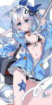 1girl absurdres anchor_(innocent_maid)_(nikke) anchor_(nikke) apron bag bikini black_bikini black_collar black_ribbon black_skirt blue_bow blue_eyes blue_hair blue_jacket blush bow breasts cleavage collar collarbone commentary cowboy_shot duffel_bag front-tie_bikini_top front-tie_top goddess_of_victory:_nikke hair_between_eyes hair_bow hair_intakes hair_ornament hair_ribbon hand_up highres holding holding_tongs jacket jacket_partially_removed long_hair long_sidelocks looking_at_viewer maid maid_bikini maid_headdress parted_lips ponytail ribbon sesame_(sesame_mas) sidelocks skirt small_breasts solo starfish starfish_hair_ornament sweat swimsuit symbol-only_commentary tongs unconventional_maid very_long_hair waist_apron white_background zoom_layer