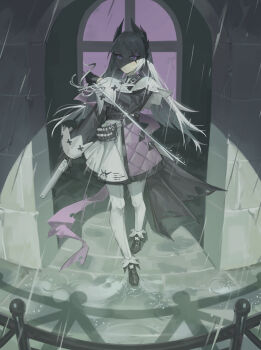 1girl absurdres arknights asymmetrical_dual_wielding bandolier belt black_gloves black_jacket black_shoes capelet chinese_commentary commentary cross_scar dual_wielding duoyu_zhuan_qing front-seamed_legwear gloves gun hair_intakes handgun head_wings highres holding holding_gun holding_sword holding_weapon irene_(arknights) jacket long_hair long_sleeves pantyhose pink_eyes pink_ribbon pink_skirt puddle puffy_long_sleeves puffy_sleeves rain rapier reverse_grip ribbon scar scar_across_eye scar_on_face seamed_legwear shadow shoes skirt sleeve_cuffs slit_pupils solo stone_floor stone_wall sword weapon white_capelet white_hair white_pantyhose white_skirt window wings