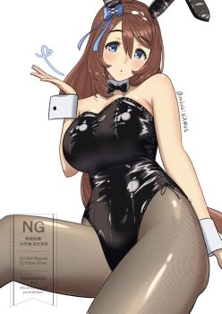 1girl absurdres alternate_costume animal_ears black_leotard black_pantyhose blue_eyes blush breasts brown_hair fake_animal_ears highres large_breasts leotard long_hair looking_at_viewer oekakikamui open_mouth pantyhose playboy_bunny ponytail rabbit_ears solo strapless strapless_leotard super_creek_(umamusume) umamusume very_long_hair white_background white_wrist_cuffs wrist_cuffs