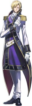 1boy ascot blonde_hair chess_piece coat code_geass code_geass:_genesic_re;code dutch_angle epaulettes gem gloves green_gemstone grey_eyes hand_on_own_face hands_up high_collar highres holding holding_chess_piece indoors jacket long_sleeves looking_at_viewer male_focus official_art open_clothes open_coat purple_jacket schneizel_el_britannia short_hair sidelocks sitting smile solo transparent_background upper_body white_ascot white_coat white_gloves