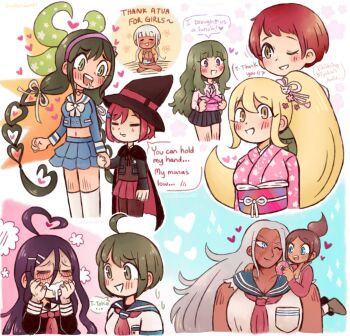 6+girls :3 :d ;d =_= absurdres ahoge aqua_eyes artist_name asahina_aoi black_cape black_hair black_hat black_jacket black_shirt black_skirt blonde_hair blue_sailor_collar blue_serafuku blue_shirt blue_skirt blunt_bangs blush bow breast_pocket breasts brown_hair brown_pantyhose brown_shirt cape chabashira_tenko character_name cleavage closed_eyes collared_shirt crossed_legs danganronpa:_trigger_happy_havoc danganronpa_(series) danganronpa_3_(anime) danganronpa_another_episode:_ultra_despair_girls danganronpa_v3:_killing_harmony dark-skinned_female dark_skin donut drooling english_text eyelashes fingernails floral_print floral_print_kimono food fukawa_toko gift glasses green_eyes green_hair green_ribbon hair_ornament hair_ribbon hairband hairclip hand_on_own_face hat heart heart_ahoge highres holding holding_donut holding_food holding_gift holding_hands jacket jackie_kawaii japanese_clothes kimono koizumi_mahiru long_sleeves lying midriff mole mole_under_mouth mouth_drool multiple_girls naegi_komaru navel neckerchief necktie obi ogami_sakura one_eye_closed open_clothes open_jacket open_mouth pantyhose pink_kimono pocket ponytail print_kimono purple_hair purple_hairband red_hair red_jacket red_neckerchief red_necktie ribbon sailor_collar saionji_hiyoko saliva sash sato_(danganronpa) scar scar_on_face school_uniform serafuku shirt short_hair sitting skirt skirt_set smile speech_bubble standing tan teeth thighhighs torn_clothes torn_neckerchief torn_shirt twintails upper_teeth_only very_short_hair white_bow white_hair white_sailor_collar white_thighhighs witch_hat yonaga_angie yumeno_himiko yuri