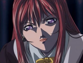 00s 1boy 1girl 2002 animated animated_gif anime_screenshot bible_black bible_black_night_of_the_walpulgiss blood blood_on_clothes bow energy healing jacket lipstick long_hair makeup mature_female minase_taki purple_eyes purple_jacket red_hair shirt stabed tagme takashiro_hiroko teacher white_shirt yellow_bow