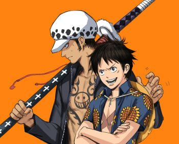 2boys black_eyes black_hair chest_tattoo closed_mouth commentary_request crossed_arms facial_hair floral_print goatee hat hat_on_back hawaiian_shirt holding holding_sword holding_weapon kdash long_sideburns male_focus monkey_d._luffy multiple_boys one_piece orange_background over_shoulder pectorals scar scar_on_face shirt short_hair sideburns straw_hat sunflower_print sword sword_over_shoulder tattoo trafalgar_law weapon weapon_over_shoulder white_hat