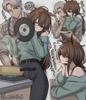1boy 1girl absurdres agnes_tachyon_(tach-nology)_(umamusume) agnes_tachyon_(umamusume) animal_ears apron bare_shoulders black_apron black_pants blush brown_hair carrying carrying_person chopsticks closed_mouth commentary_request cooking food food_in_mouth food_on_face green_shirt grey_hair grey_shirt hair_between_eyes high-waist_pants highres holding holding_chopsticks holding_lid holding_plate holding_spoon horse_ears horse_girl leogust long_hair muscular muscular_male off-shoulder_shirt off_shoulder pants parted_lips plate red_eyes shirt short_hair sleeves_past_fingers sleeves_past_wrists smile spoon trainer_(umamusume) umamusume very_short_hair