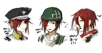 Rule 34 | 1boy, chinese commentary, collared shirt, commentary request, epic battle fantasy, expressionless, eyepatch, ggezi, green hat, hat, headphones, headphones around neck, highres, lance (epic battle fantasy), male focus, military uniform, open mouth, peaked cap, portrait, red eyes, red hair, shirt, short hair, simple background, sketch, white background