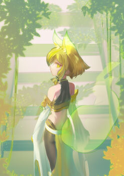 1girl absurdres animal_ear_fluff animal_ears blonde_hair commentary_request detached_sleeves duel_monster fox_ears fox_girl fox_tail from_behind green_eyes highres hu-li_the_jewel_mikanko long_sleeves looking_at_viewer looking_back nontraditional_miko sidelocks solo tail wide_sleeves xblhh yu-gi-oh!