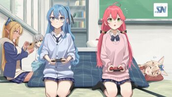 5girls ahoge black_necktie black_socks blonde_hair blue_bow blue_bowtie blue_eyes blue_hair blue_skirt bookshelf bow bowtie cardigan chalkboard clubroom commentary controller crescent crescent_hair_ornament double-parted_bangs flying_sweatdrops game_controller green_eyes grey_cardigan grey_hair hair_between_eyes hair_ornament highres holding holding_controller holding_game_controller hololive hoshimachi_suisei indoors joy-con kneeling kotatsu long_hair loose_necktie low_twintails miniskirt multiple_girls necktie no_shoes official_alternate_costume official_alternate_hairstyle omaru_polka pink_hair pink_sweater plaid_clothes plaid_skirt playing_games pleated_skirt sakura_miko school_uniform seiza shiraken!_shiranai_koto_kenkyukai shiranui_flare shiranui_kensetsu shirogane_noel sitting skirt slice_of_life socks star_(symbol) star_in_eye sweater symbol_in_eye table twintails virtual_youtuber yuria_(demo_yuria)