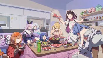 Rule 34 | 6+girls, animal ear hairband, animal ears, apron, black hair, blonde hair, blue eyes, blue hair, blush, brown hair, chopsticks, closed eyes, closed mouth, commentary request, crab, fake animal ears, hair ornament, hairband, hairclip, holding, holding chopsticks, holding plate, hood, hoodie, indoors, jacket, kaga nazuna, kaga sumire, kogara toto, kotatsu, long hair, long sleeves, mask, mask on head, multicolored hair, multiple girls, open mouth, pink eyes, pink hair, plastic bottle, plate, purple hair, raw meat, sendo yuuhi, shirt, short sleeves, sitting, sleep mask, standing, streaked hair, stuffed toy, table, teeth, tosaki mimi, tsumugi kokage, two-tone hair, virtual youtuber, vspo!, weiyu (jj33jj55), white shirt, yano kuromu