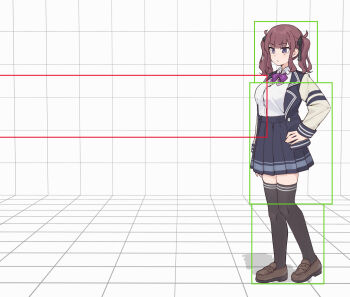 1girl 3d_background black_ribbon blazer blunt_bangs bow bowtie breasts brown_hair commentary_request dress_shirt hair_ribbon highres hitbox jacket kanpa_(campagne_9) large_breasts loafers long_sleeves mole mole_under_eye natsuki_karin pleated_skirt purple_bow purple_eyes ribbon school_uniform shirt shoes skirt solo synthesizer_v thighhighs twintails zettai_ryouiki