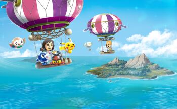 :3 :d absurdres aircraft alolan_form alolan_vulpix artist_request binoculars black_hair blonde_hair blue_eyes blue_sky blush blush_stickers bright_pupils brown_gloves brown_shirt brown_shorts chibi closed_mouth cloud dark_skin day dot_nose eevee eyelashes flying gen_1_pokemon gen_7_pokemon glasses gloves highres holding holding_binoculars hot_air_balloon island key_visual litten logo long_hair mii_(nintendo) mountain nintendo official_art open_mouth outdoors pikachu pokemon pokemon_(creature) pokemon_rumble pokemon_rumble_rush popplio promotional_art rock round_eyewear rowlet shirt short_hair shorts sky smile spiked_hair standing teeth third-party_source upper_teeth_only water white_pupils